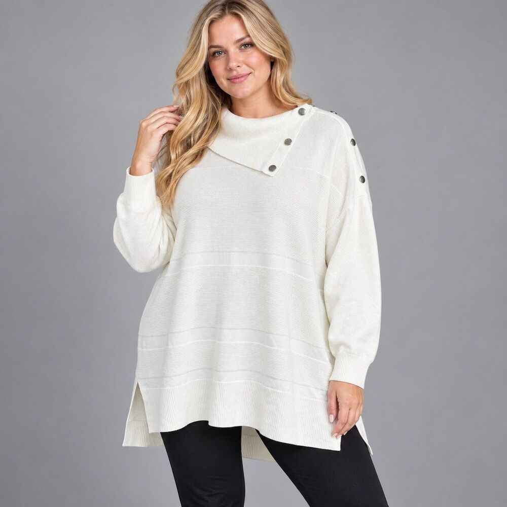 NWT Chico’s Zenergy Ivory Cowl Neck Tunic Sweater Cotton Waffle Knit Sz 3-XL